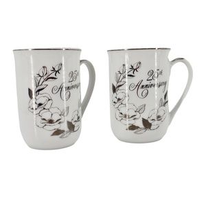 25th Anniversary Georgiana Fine China Cups Silver Lined Floral Set of 2 of JAPAN